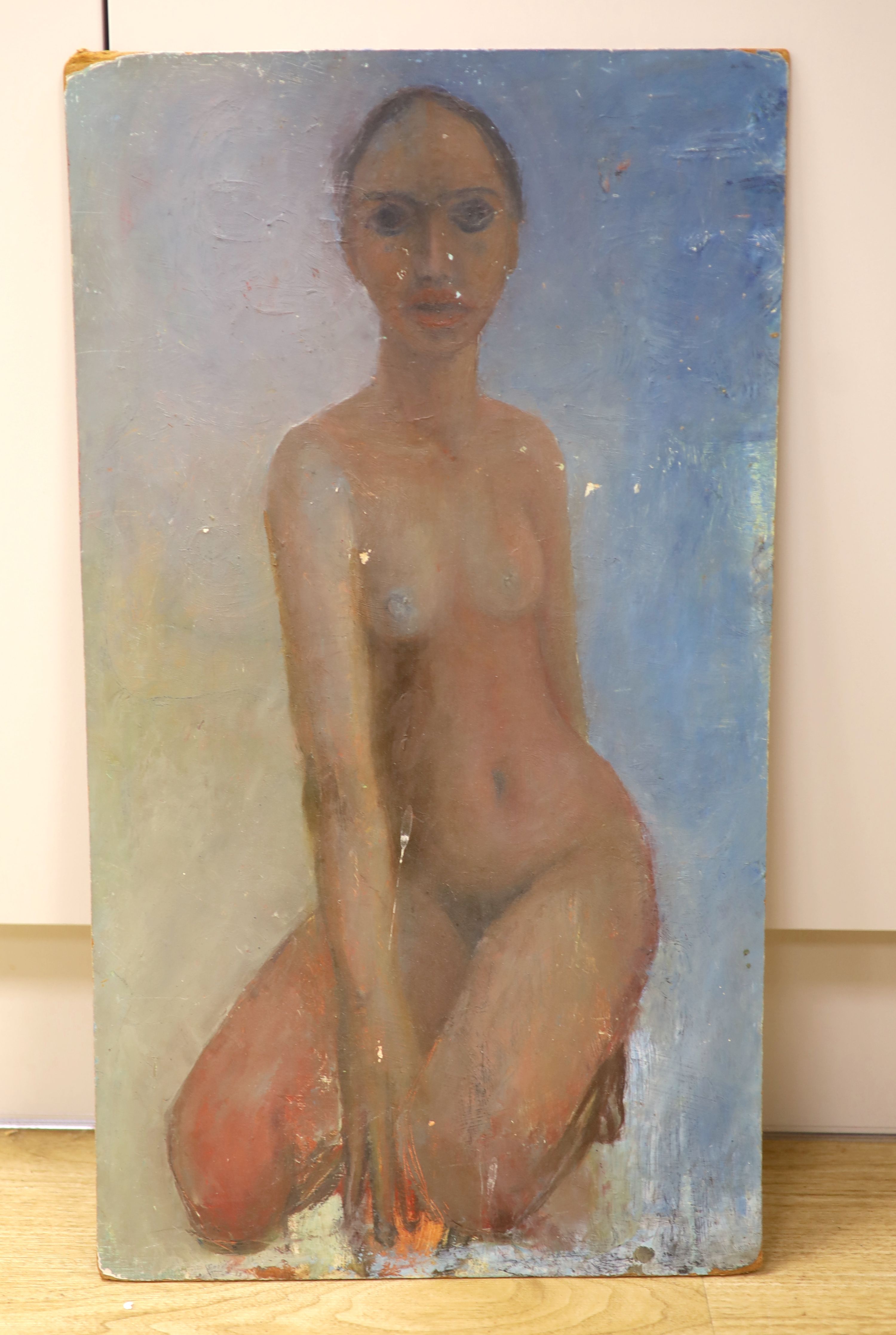 Modern British, oil on board, Study of a kneeling nude, 61 x 34cm, unframed